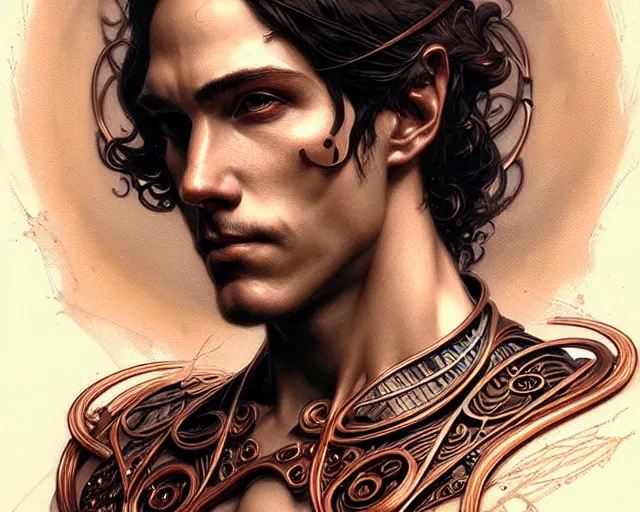 Prompt: A man with mechanical eyes, art nouveau, fantasy, intricate copper pipe designs, elegant, highly detailed, sharp focus, art by Artgerm and Greg Rutkowski and WLOP