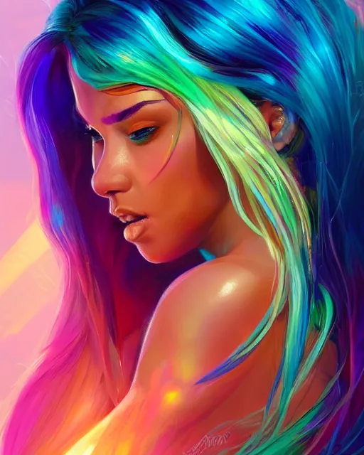 Image similar to summer vibes, beautiful sun tanned goddess portrait, flowy rainbow hair, sun, summer, cinematic lighting, highly detailed, digital painting, trending on artstation, pixiv, concept art, sharp focus, illustration, art by ross tran and wlop