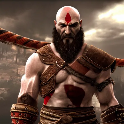 Prompt: Kratos from god of war being interviewed on the tv news photorealism, news ,stock