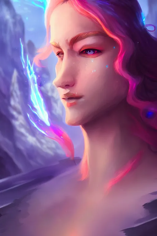 Image similar to a human elemental sorceress, mountainous setting, colorful magic effects, white skin, portrait, female, clothed, sharp focus, digital art, concept art, trending on artstation, dynamic lighting, by emylie boivin