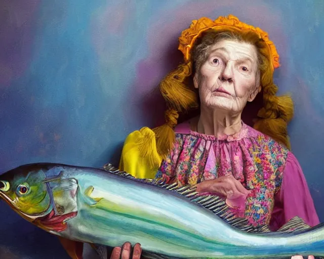 Prompt: an innocent and beautiful scene in hyper realistic style, about an old and lonely woman painting a huge colorful fish on the wall, and modeling a victorian dress. a huge and colorful fish sits on her head. 4 k. wide angle. wild. red mouth, blue eyes. deep focus, lovely scene. ambient occlusion render. unreal engine.