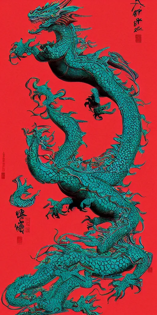 Image similar to a dragon of chinese zodiac composed of traditional chinese patternsby yangqi, by james jean, eyvind earle, zdzislaw beksinski, red and cool colors, dark sunset sky clocor scheme