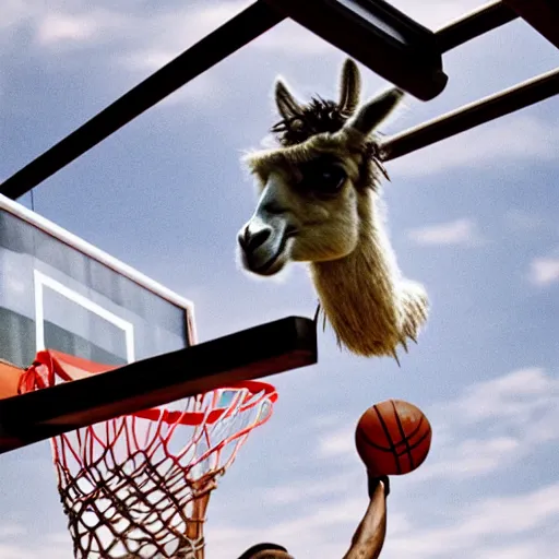 Prompt: film still of a llama in a jersey dunking a basketball like michael jordan, low angle, show from below, tilted frame, 3 5 °, dutch angle, extreme long shot, high detail, indoors, dramatic backlighting