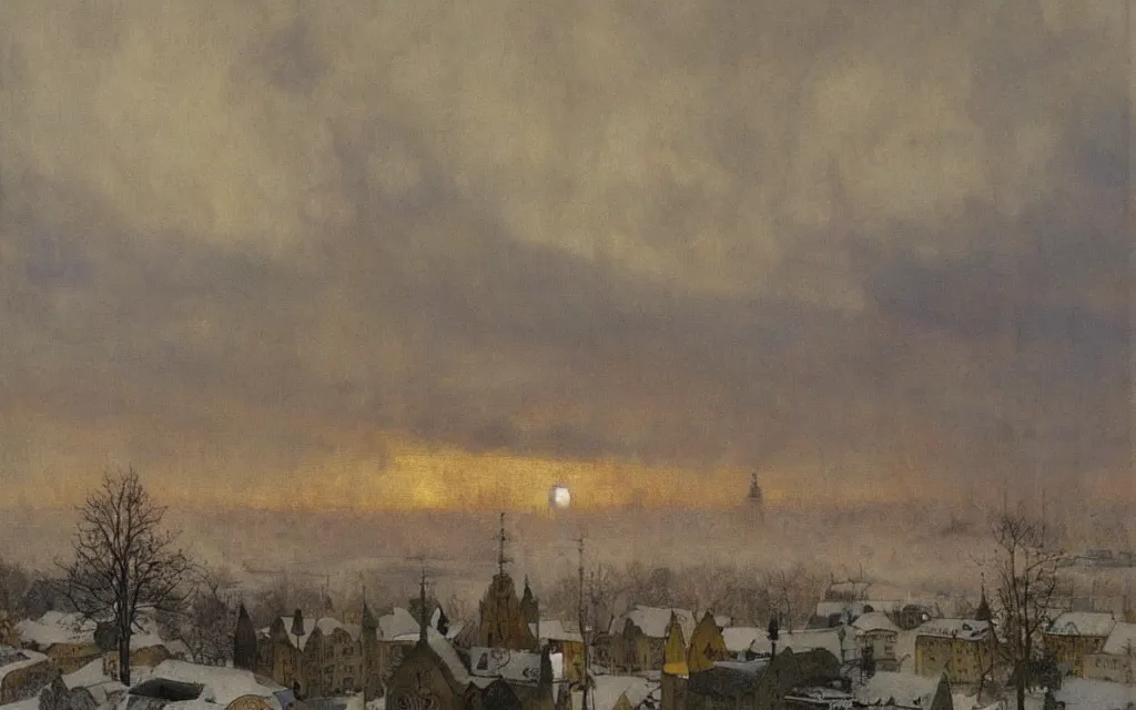 Prompt: a painting of large airship over a city church in winter, pale sun, mist, oil on canvas, by carl larsson