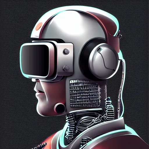 Image similar to retro vintage sci - fi, cyborg robot wearing vr headset, 3 d illutration, profile portrait, night, detailed, cyberpunk style, character, ai, detailed,