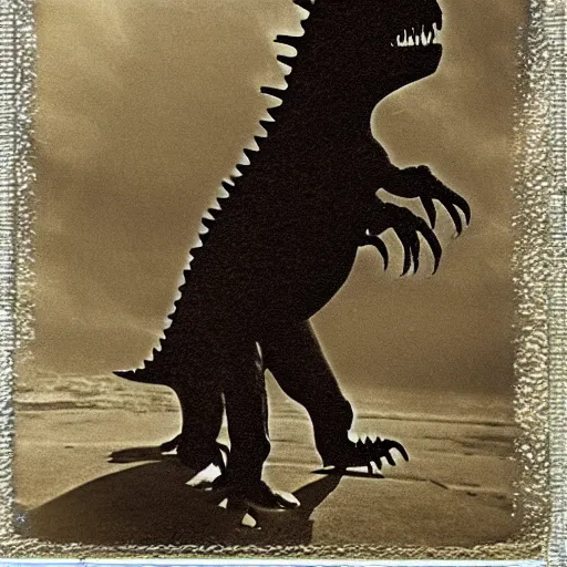 Image similar to last selfie of t - rex before comet hits the ground, polaroid, scratch and dust