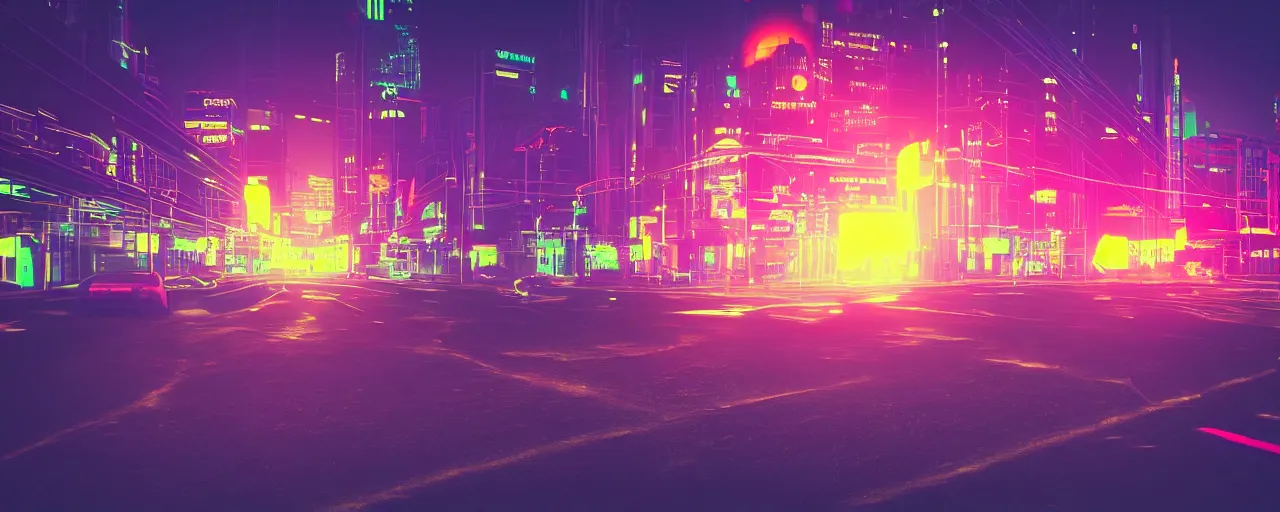 Prompt: night city, neon lights, glow, retrowave style, sunset, photorealism