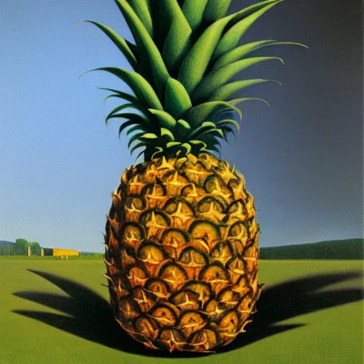 Image similar to the son of man but with a pineapple, painting by rene magritte, high detail, high resolution