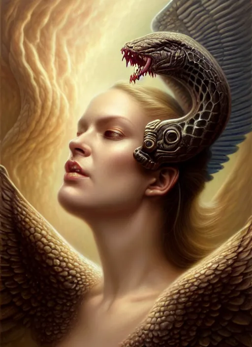 Image similar to snake eating an angel, fine art, intricate, elegant, highly detailed, realistic hair, centered, digital painting, art station, conceptual art, soft, sharp focus, illustration, artwork, artgerm, tomasz alen kopera, peter mohrbacher, donato giancola, wlop, boris vallejo