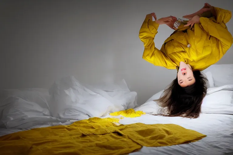 Prompt: a dark-haired woman wearing a yellow raincoat on the floor in front of a bed covered with white linen, puzzle pieces hovering in the air, a sense of awe, atmospheric, cinematic, very detailed, volumetric lighting, photo, by Weta Digital