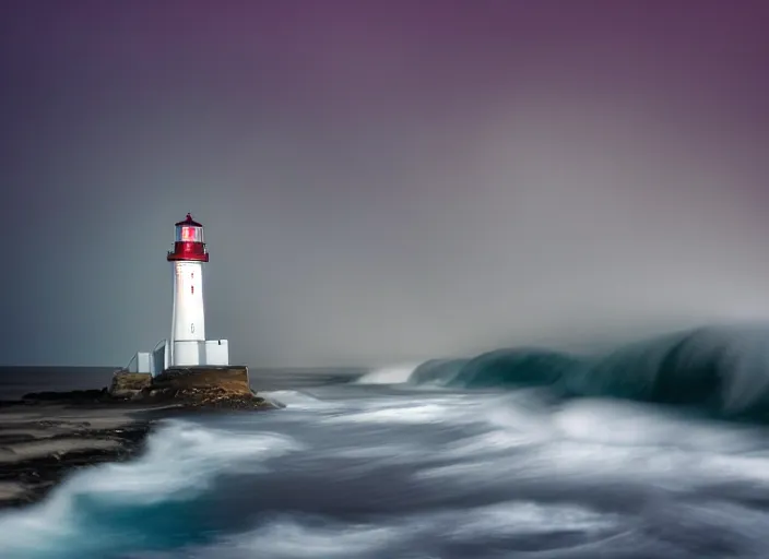 Image similar to a photo of a lighthouse in a storm at night. lonely, churning waves, splashing on lighthouse. warm lighting, long exposure