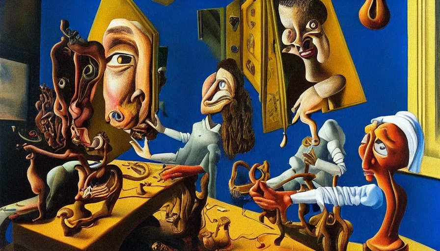 Prompt: gorgeous painting by equal parts salvador dali and vermeer robert williams and basil wolverton and robert crumb oil on canvas, 8 k 1 0 8 0 p