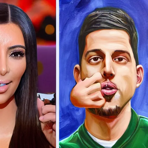 Prompt: kim kardashian and pete davidson pointing and laughing at kanye west, in the style of oil on canvas,