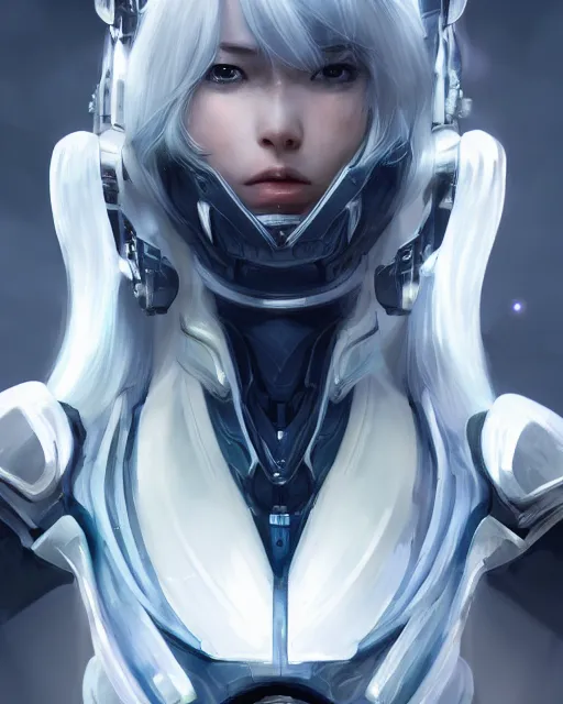 Image similar to detailed portrait of perfect android girl, warframe armor, beautiful face, scifi, futuristic, space station, laboratory, song hye - kyo, dreamy, long white hair, blue cyborg eyes, cinematic lighting, innocent, highly detailed, sharp focus, smooth, artstation, intricate, award winning, pure aura, divine, by akihiko yoshida