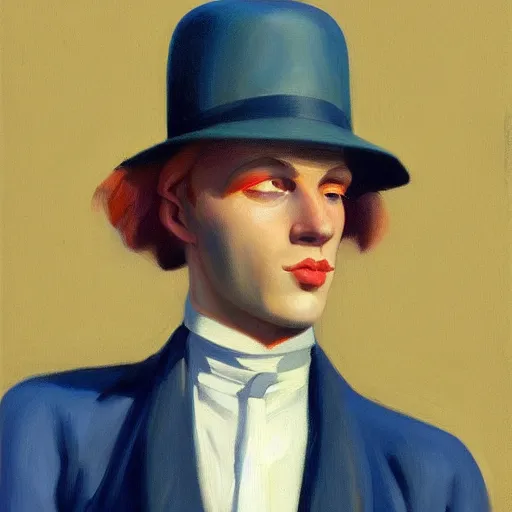 Prompt: a realistic portrait of a blonde man, chiseled jawline, big lips, long hair, 1 8 0 0 s, vibrant color, edward hopper, trending on artstation