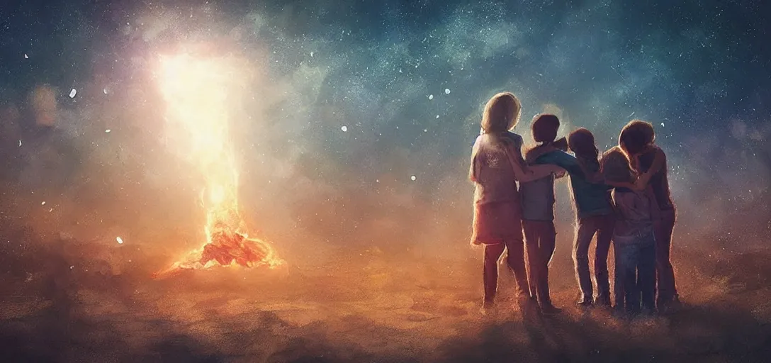 Image similar to “ a family hugging each other for the last time as the world is ending, meteors are falling from the sky, everything is on fire, dramatic lighting, digital art, very very very very very very beautiful, 8 k, dark lighting, trending on artstation, award winning ”