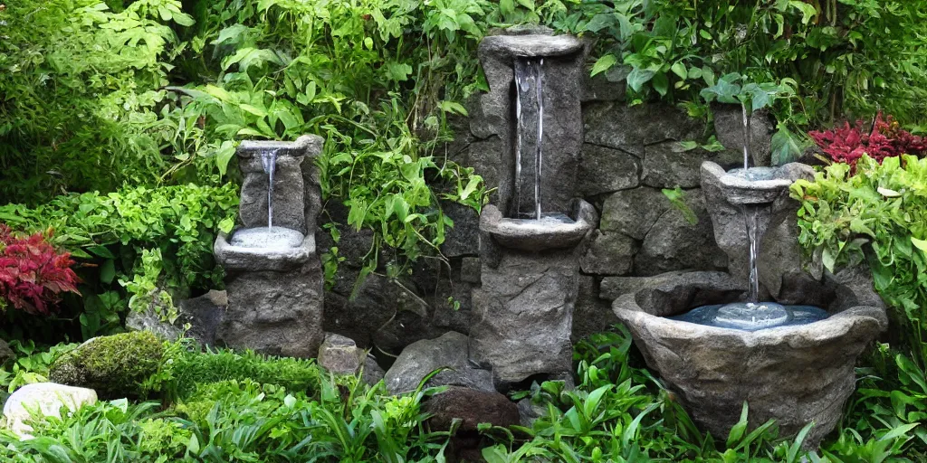 Image similar to award winning stone work waterfall fountain in a lush green backyard, photo