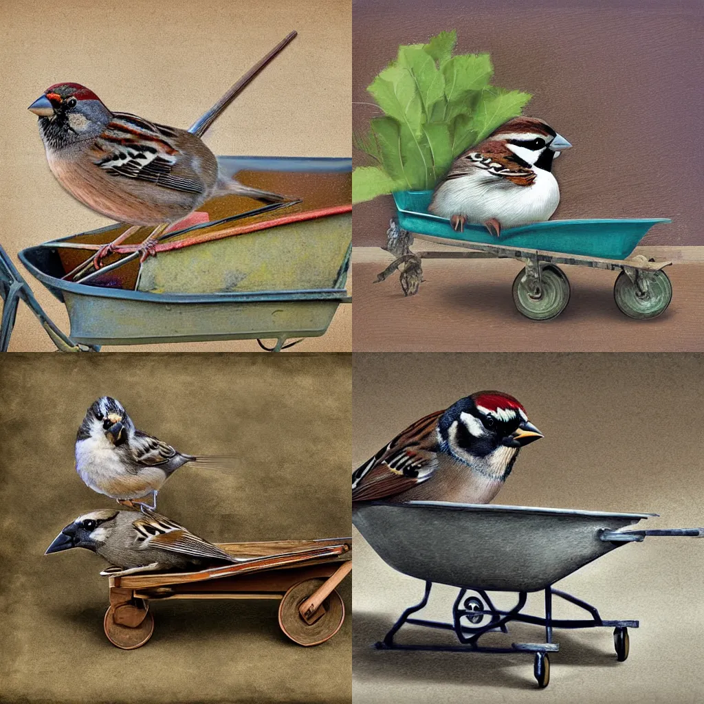 Prompt: a huge sparrow on top of a wheelbarrow, digital art