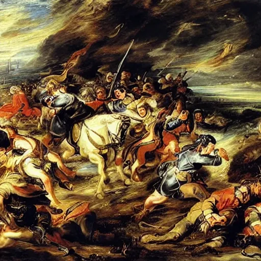 Prompt: A painting of a battlefield, with soldiers fighting and dying, by Peter Paul Rubens