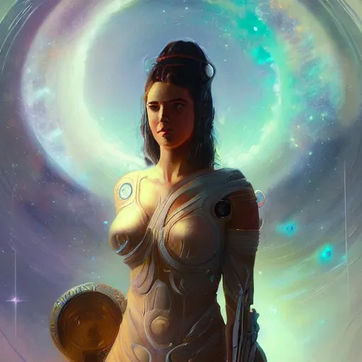 Image similar to a beautiful portrait of a cosmic goddess by Greg Rutkowski and Jim Burns, Trending on Artstation, nebula background