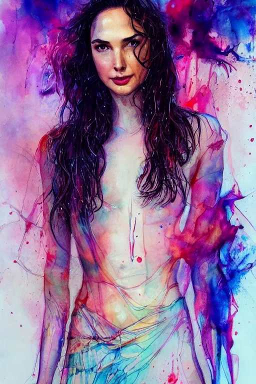 Prompt: gal gadot by agnes cecile enki bilal moebius, intricated details, view 3 / 4 back, full body portrait, extremely luminous bright design, pastel colours, drips, autumn lights