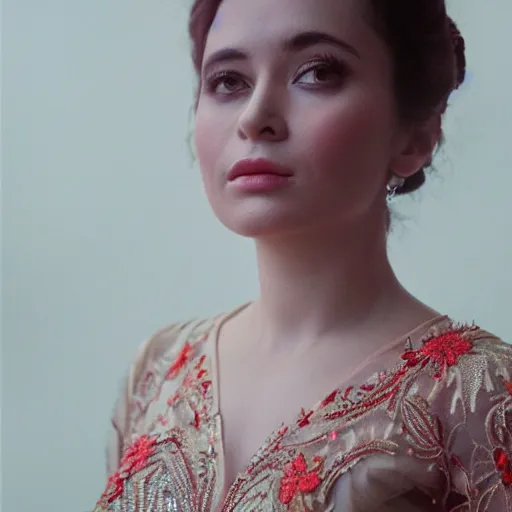 Image similar to 3 5 mm coloured film portrait of sebnem ferah wearing kebaya, hyperrealism, photorealistic, detailed, atmospheric, 8 k, award winning photography, cinematic