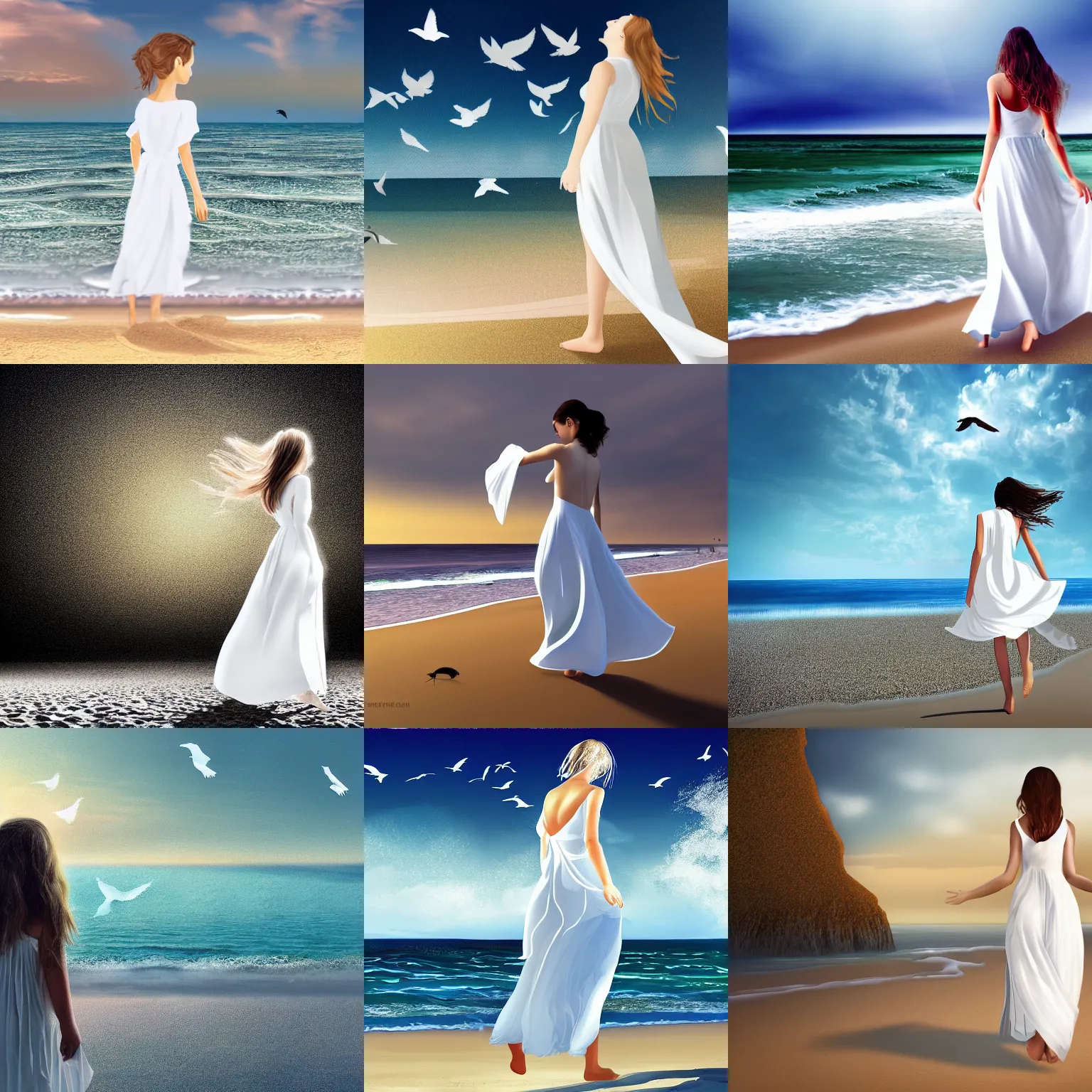 Prompt: A girl in deep thought strolling on the beach in a white gown, birds flying in the distance, Detailed Digital art