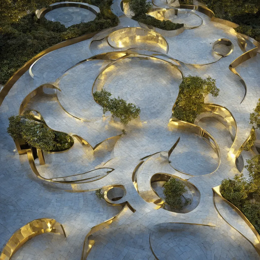 Image similar to an incredibly smooth curvilinear neo baroque interior architectural sculptural garden, a highly reflective golden pool on the ground is envelope by folding white surfaces, blue light, visually satisfying architecture render