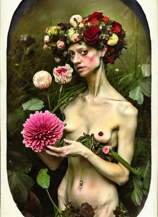 Image similar to beautiful and detailed rotten woman made of plants and many types of stylized flowers like carnation, chrysanthemum, roses and tulips, intricate, surreal, vladimir volegov, john constable, guy denning, gustave courbet, caravaggio, romero ressendi, 1 9 1 0 polaroid photo