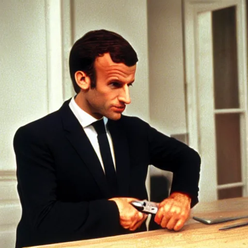 Image similar to Emmanuel Macron using a knife in American Psycho (1999)