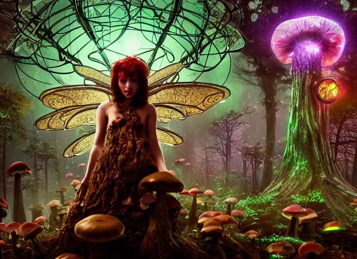 Image similar to 12mm intricate mechanical fairy with visible gears and electronics and optic Fibres sitting on top of a mushroom in a magical forest. Very detailed 8k. Fantasy cyberpunk horror. Sharp. Cinematic post-processing