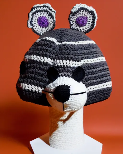Prompt: a crocheted raccoon hat, fzd school of design, product photo, studio lighting