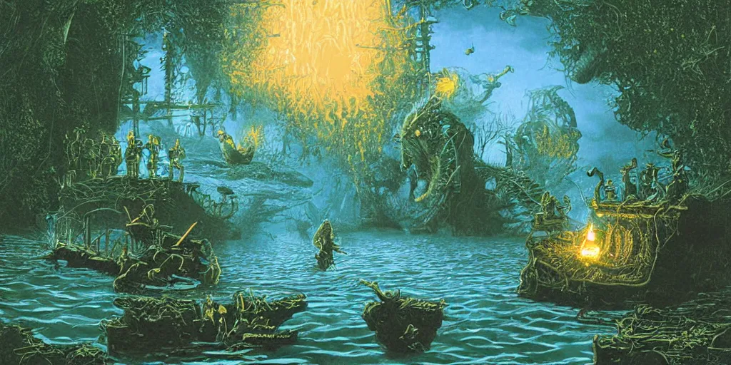 Image similar to detailed artwork by tim white of the repelling of invaders by making a deal with the devil and finding a secret underwater entrance.