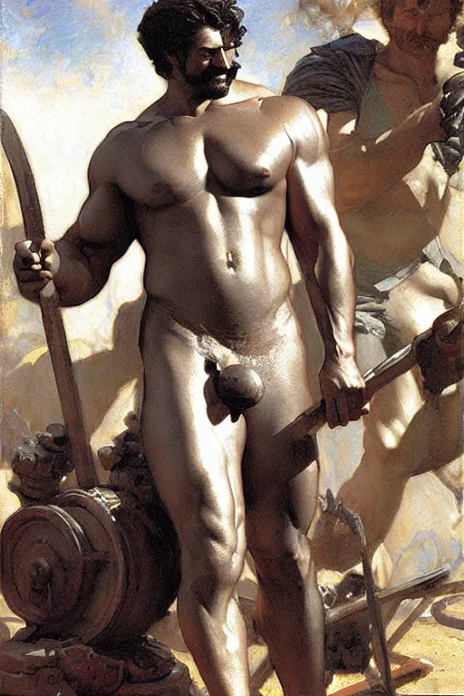 Image similar to muscular hephaestus working at his forge painting by gaston bussiere, craig mullins, j. c. leyendecker, tom of finland