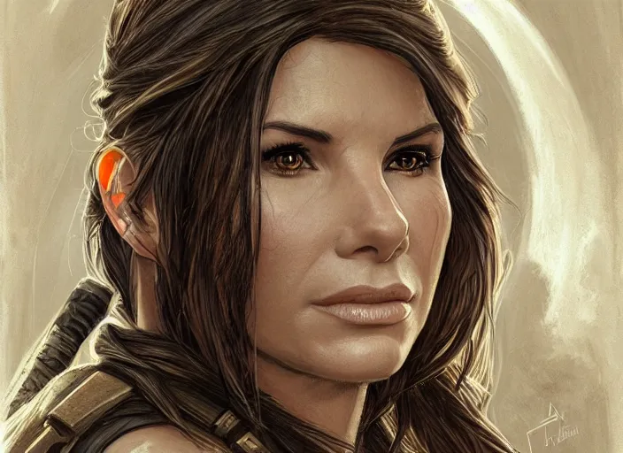 Image similar to face portrait of concentrated young Sandra Bullock as Lara Croft entering the large Minas Tirith gate, sun beams, intricate, elegant, highly detailed, centered, digital painting, artstation, concept art, smooth, sharp focus, illustration, Allan Lee, John Howe