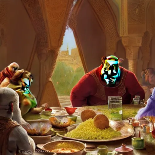 Prompt: shrek eats couscous with his family, moroccan festival, highly detailed, digital painting, artstation, concept art, sharp focus, illustration, art by greg rutkowski and alphonse mucha