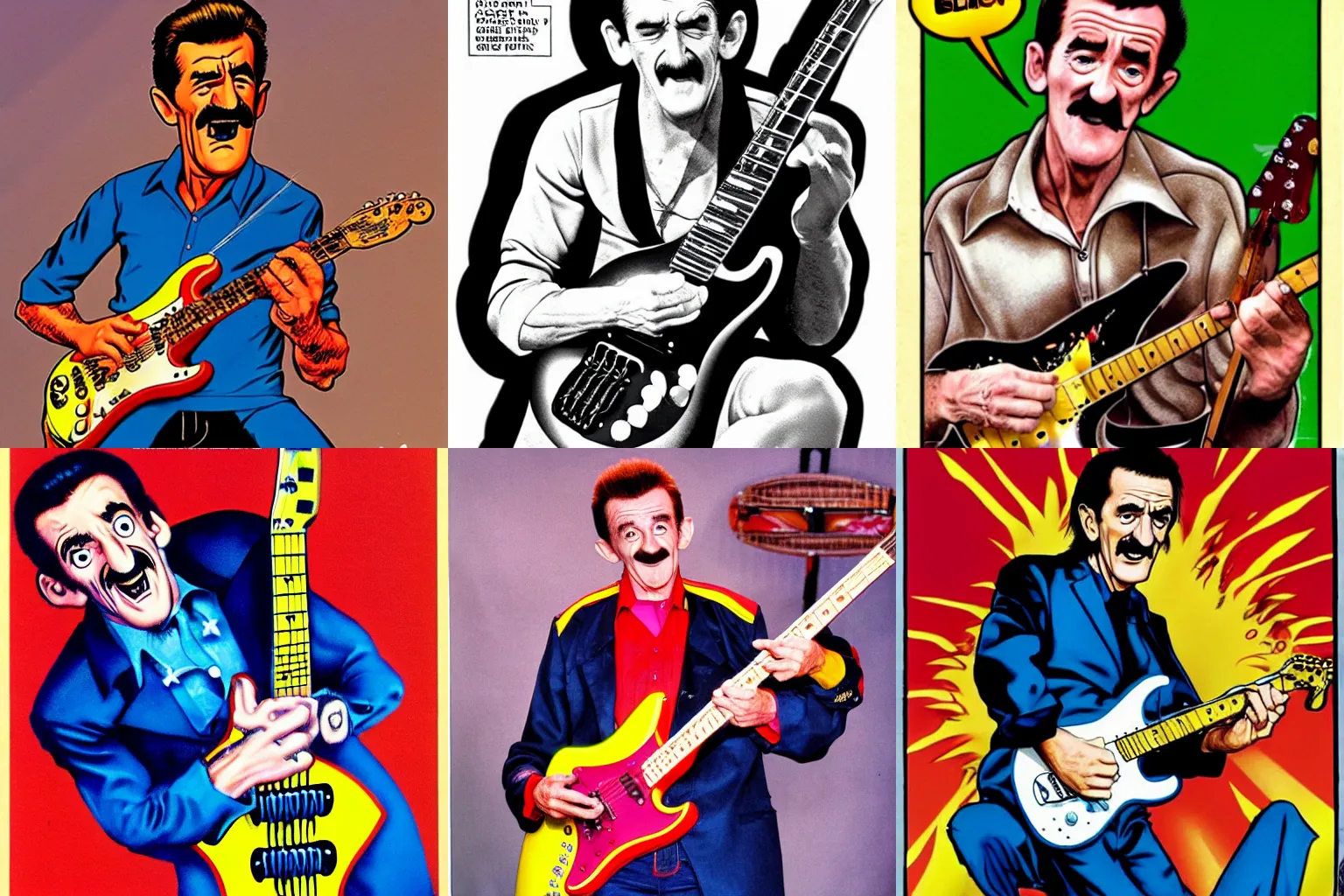 Prompt: Barry Chuckle Shredding on an electric guitar in the style of Al Feldstein