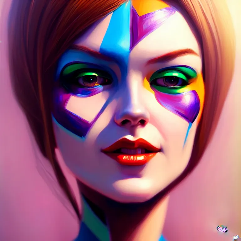 Image similar to android robot woman face painting, looking straight to camera, moderate colors, ornate, digital art, cute smile, winning artwork, digital painting, professional art, elegant, by Ilya Kuvshinov, by artgerm