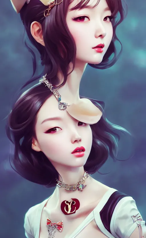 Image similar to a pin up and beautiful fashion charming dreamlke korea girl with lv jewelry, character art, art by artgerm lau and kyoung hwan kim and and ilya kuvshinov and john singer sargent, hyperdetailed, 8 k realistic, symmetrical, frostbite 3 engine, cryengine, dof, trending on artstation, digital art