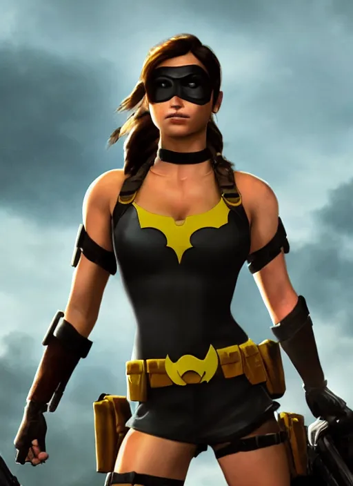 Prompt: a film still of lara croft as batgirl, her sweat, sun light, close up potrait, cinematic,