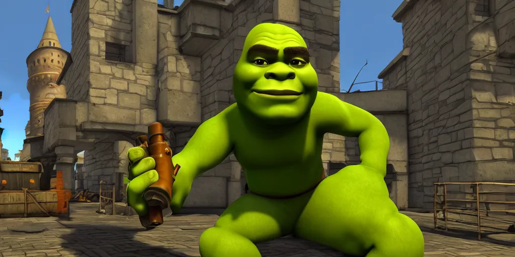 Image similar to shrek in team fortress 2 garry's mod, half life, sfm render, gmod, realistic 4 k octane beautifully detailed render, 4 k post - processing, highly detailed, intricate complexity, epic composition, magical atmosphere, cinematic lighting, masterpiece, ultra hd