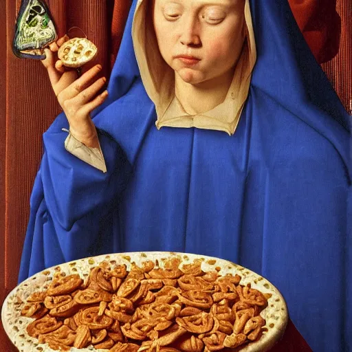 Prompt: the virgin mary eating a whole pack of reese's pieces while crying into a glass of gin and tonic, detailed portrait, very realistic, jan van eyck, 8 k, anamorphic framing