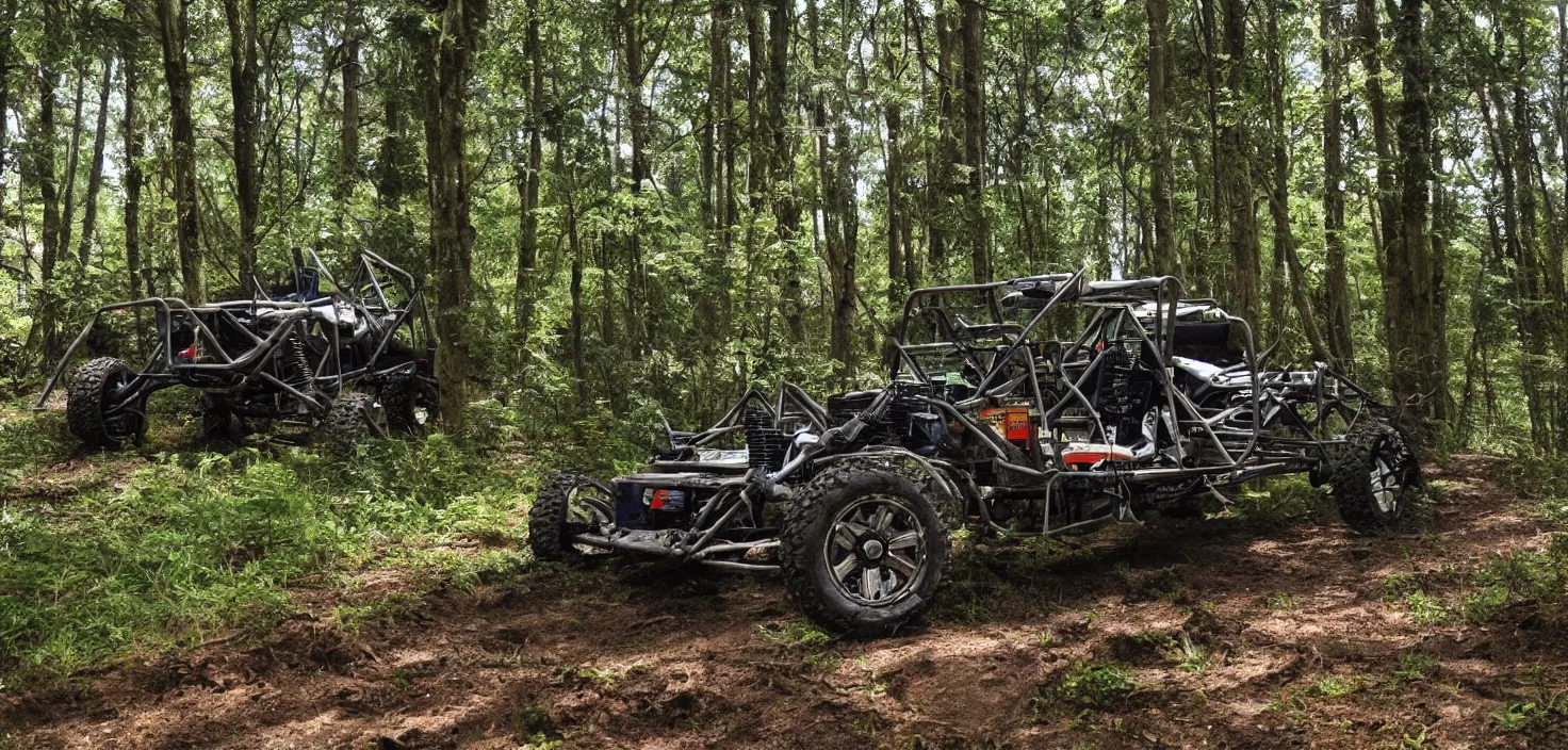 Image similar to off road buggy in the forest, artstatiom, 4 k, incredibly detailed