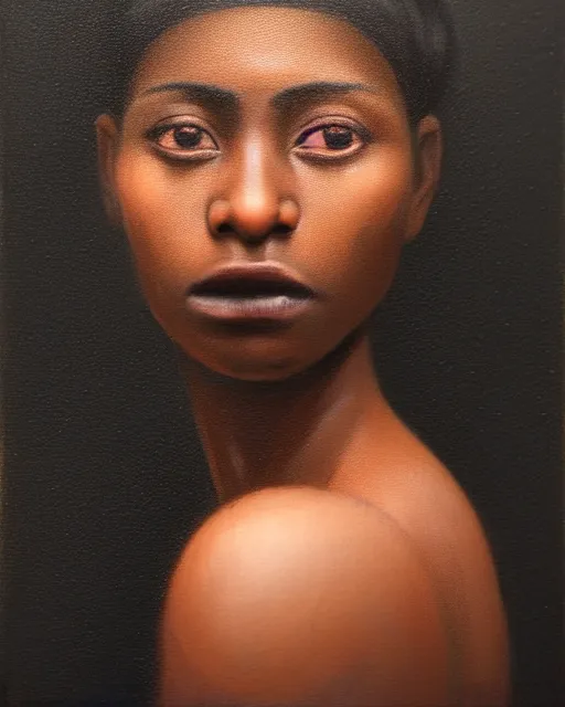 Image similar to a close up portrait a very ordinary young woman with an blank expression, by sarah moon, very dark skin, very blurry, translucent skin, foggy, oil painting, photorealistic, anatomically correct, beautiful perfect face, visible brushstrokes, sharp focus, highly detailed, cinematic lighting, 8 k, hd