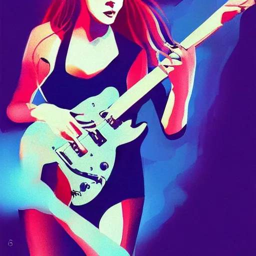 Image similar to women playing guitar, many television sets in the background, art poster, art nuevo, artstation, details, fog, futuristic