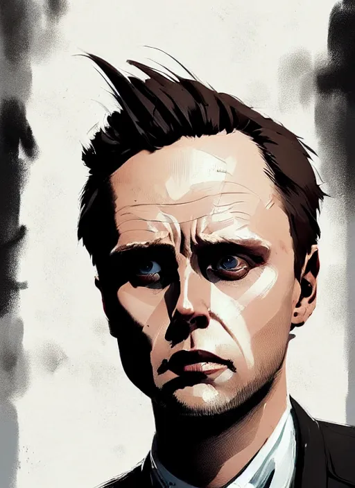 Image similar to highly detailed closeup portrait of angry handsome martin wallstrom, tyrell wellick, wearing suit by atey ghailan, by greg rutkowski, by greg tocchini, by james gilleard, by joe fenton, by kaethe butcher, gradient blue, brown black and white only color scheme, grunge aesthetic!!! ( ( graffiti tag wall background ) )