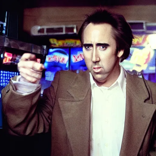 Prompt: Nicholas Cage in a 1980s arcade, colorful, dramatic lighting, intense pose, realistic photo