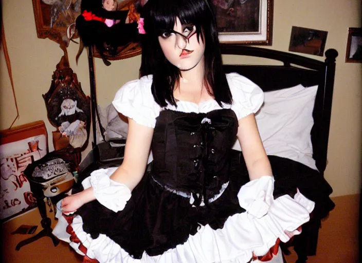 Image similar to goth girl in a maid outfit, cluttered bedroom, 2 0 0 6