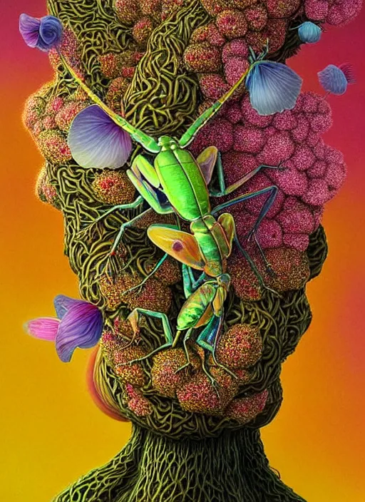 Image similar to hyper detailed 3d render like a Oil painting - kawaii portrait Aurora (gold haired Singer Praying Mantis Dragonfly faced) seen Eating of the Strangling network of yellowcake aerochrome and milky Fruit and Her compund eyes delicate Hands hold of gossamer polyp blossoms bring iridescent fungal flowers whose spores black the foolish stars by Jacek Yerka, Mariusz Lewandowski, Houdini algorithmic generative render, Abstract brush strokes, Masterpiece, Edward Hopper and James Gilleard, Zdzislaw Beksinski, Mark Ryden, Wolfgang Lettl, hints of Yayoi Kasuma, octane render, 8k