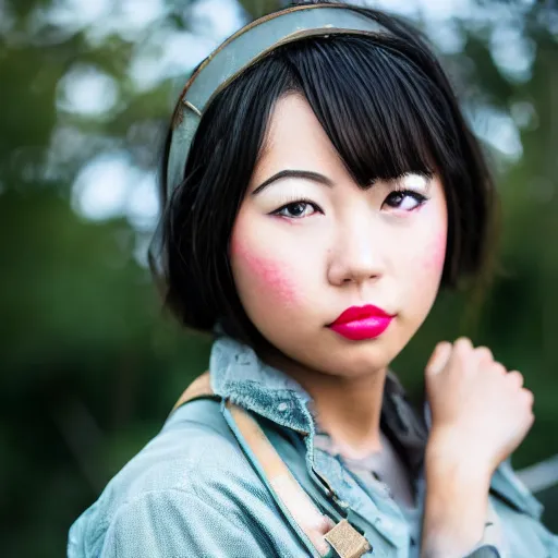 Prompt: Beautiful Asian girl cosplaying as the Fallout 4 sole survivor, photographed on a slight overcast day on dilapitated street on Ikeshima island, Nikon D7100 with a Nikon 50mm F1.8, a Nikon 85mm F1.8, Golden hour, expressive face,